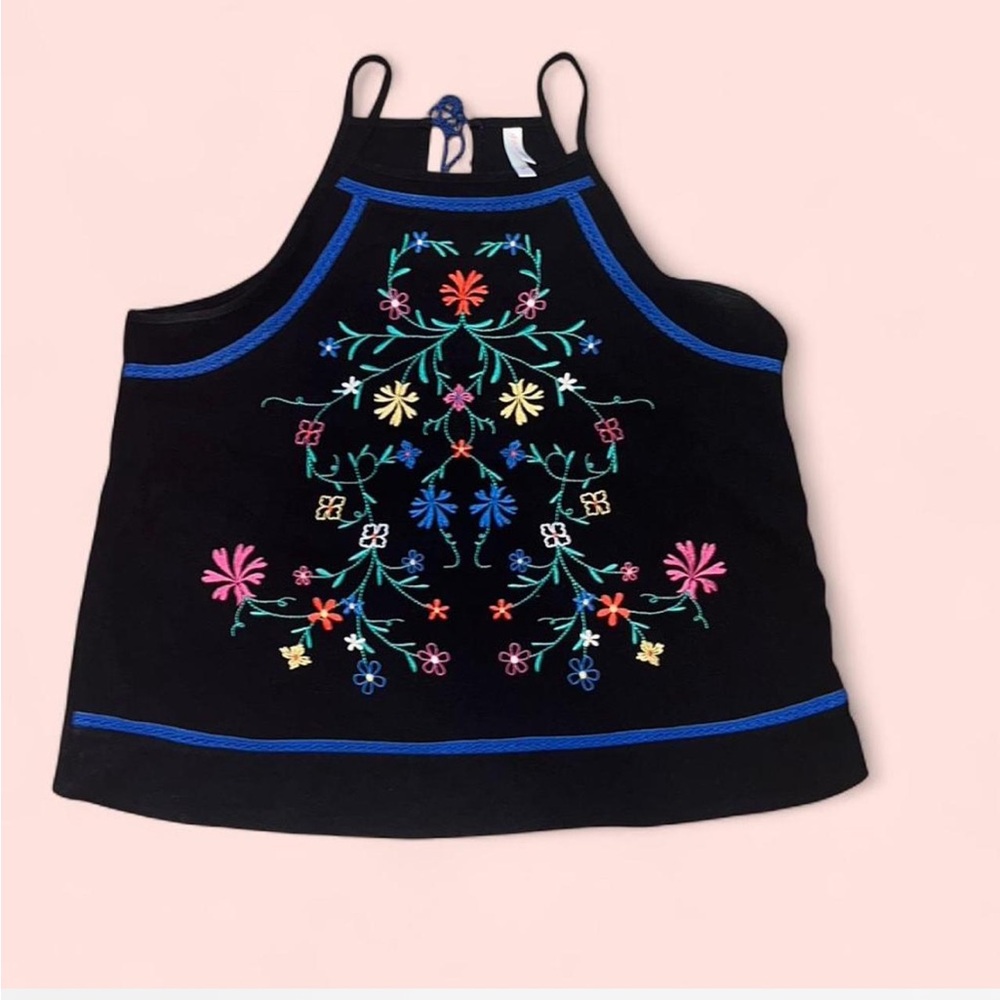 Xhilaration Black Tank with Blue and Green Embroidery
